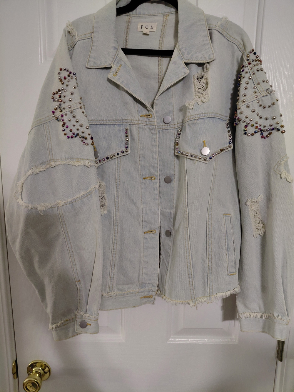 POL Light Blue Distressed Denim Jacket with Multicolor Studs